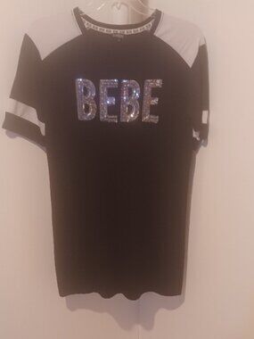 BEBE Bling Sequin Logo Striped Sleeve Tunic Black/White Med